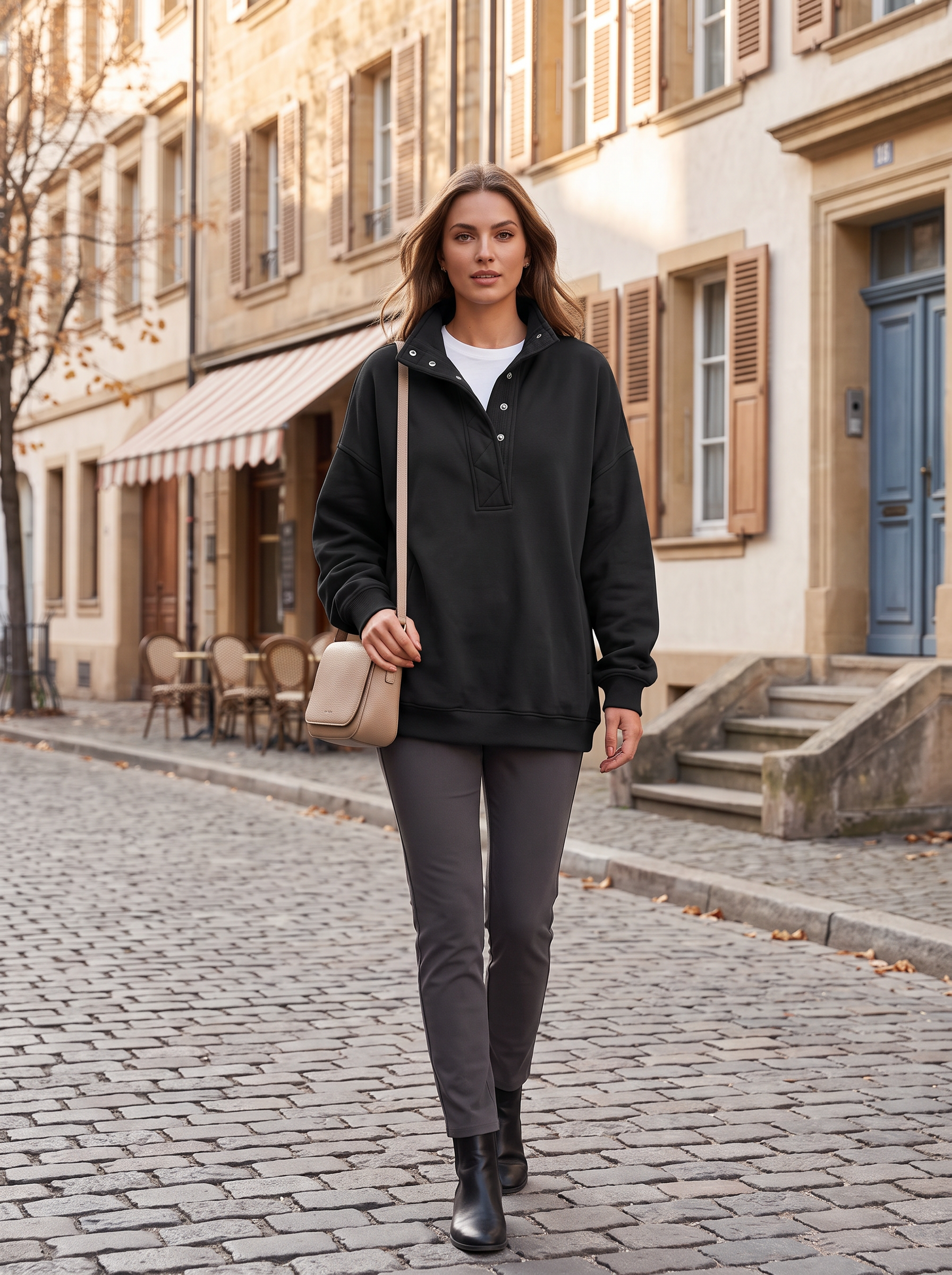 Monica Women's Oversized Henley Sweatshirt – Snap Collar, Fleece Lined & Drop Shoulders