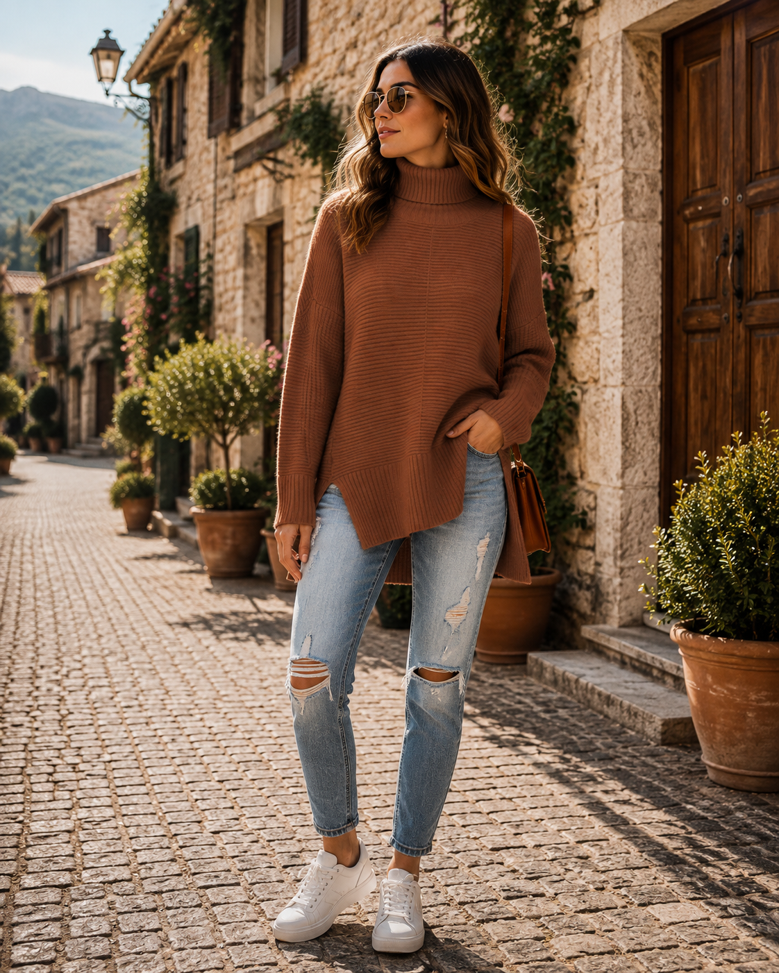 Diana Women's Turtleneck Sweater – High-Low Hem, Side Slits & Relaxed Fit