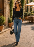 Freya Women's Ribbed Top – Square Neck, Long Sleeves & Slim Stretch Fit