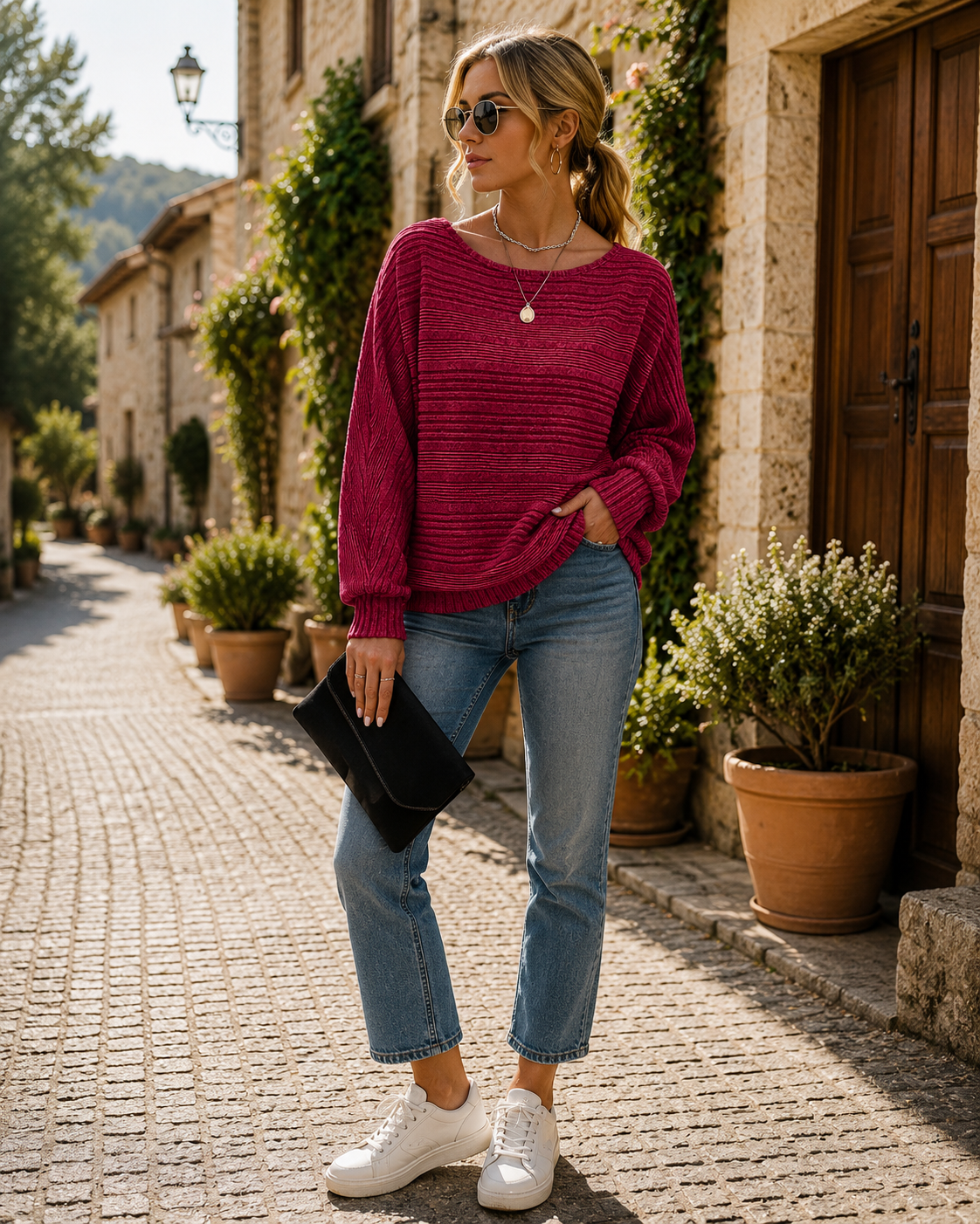Vanessa Women's Batwing Sweater – Crew Neck, Long Sleeves & Relaxed Fit