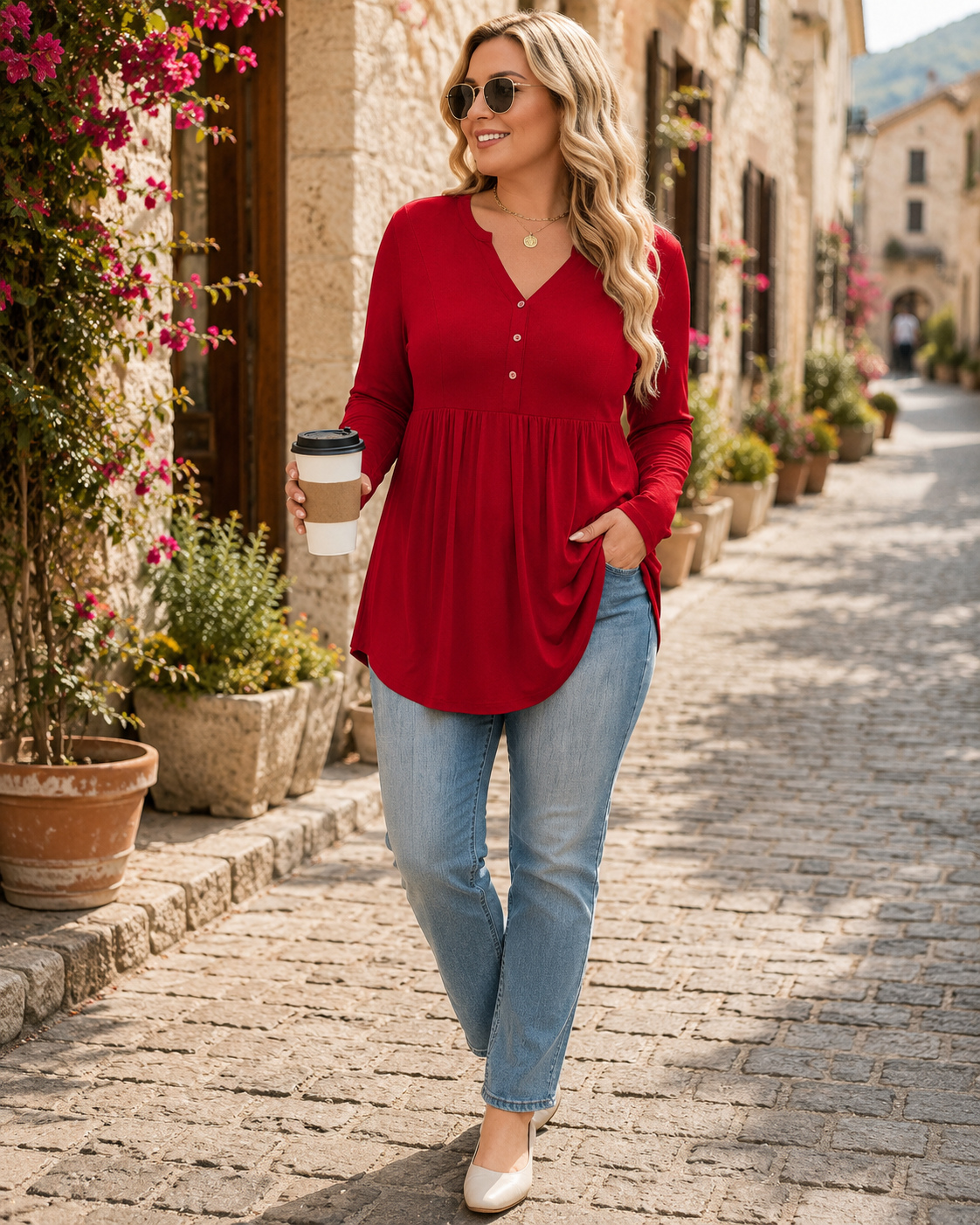 Claire Women's Henley Sweater – V-Neck, Pleated Waist & Relaxed Fit