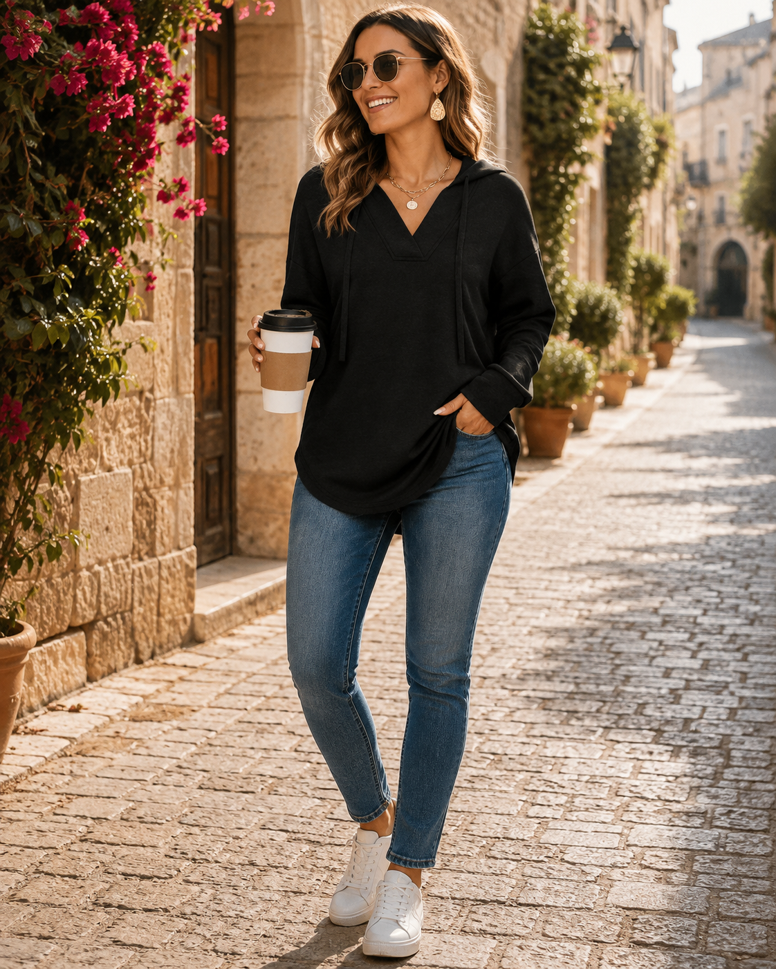 Layla Women's V-Neck Sweater – Batwing Fit, High-Low Hem & Stretch Fabric