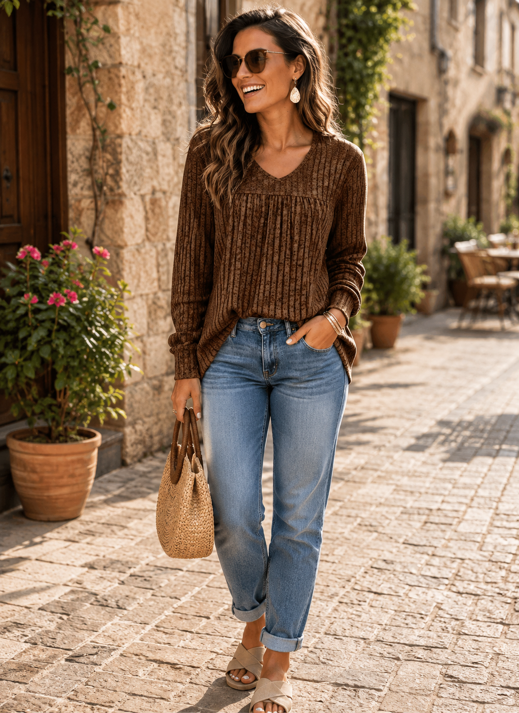 Rebecca Women's V-Neck Sweater – Ribbed Knit, Front Pleats & Relaxed Fit