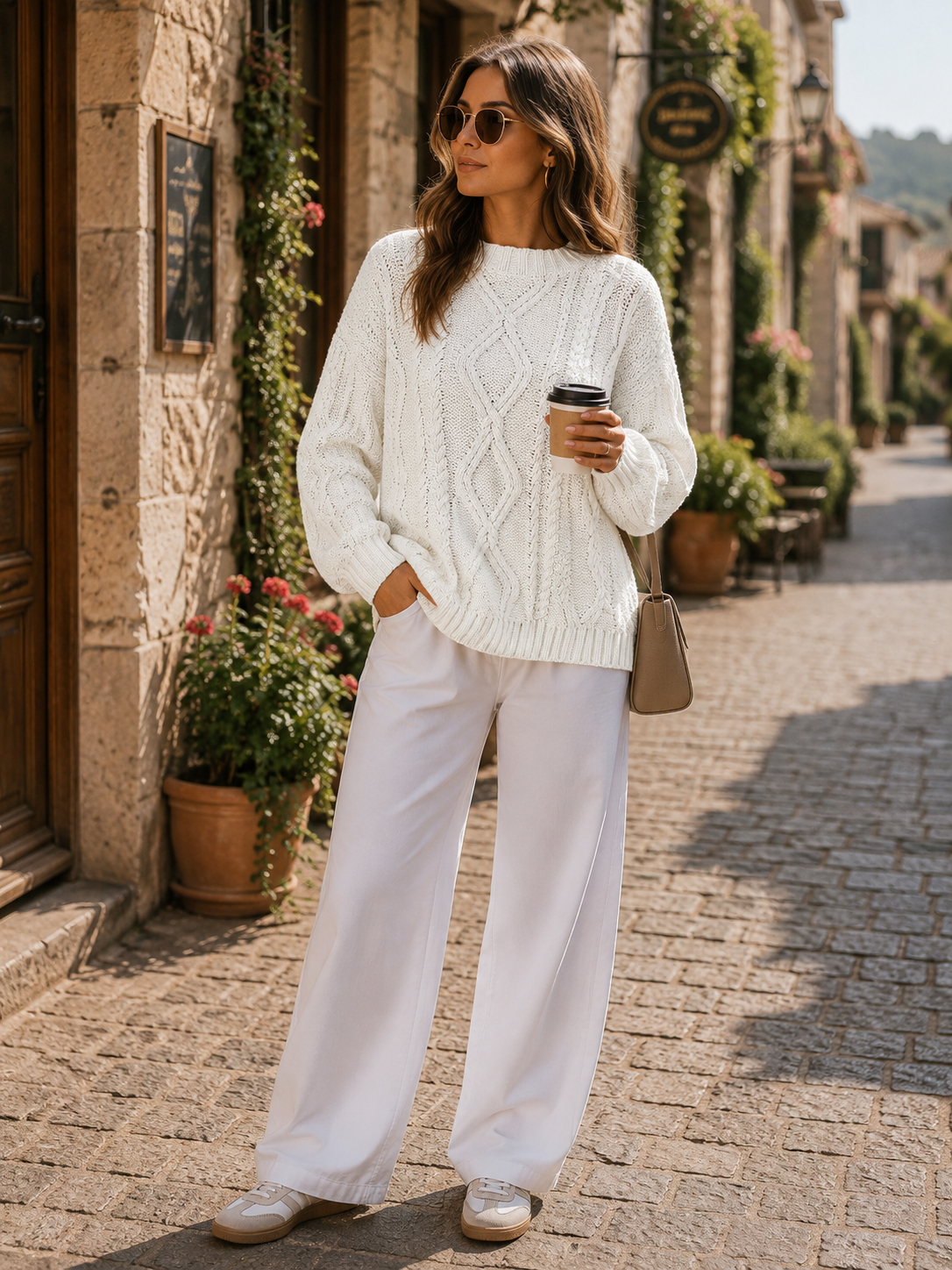Charlotte Women's Cable Knit Sweater – Oversized Fit, Cotton Blend & Crew Neck