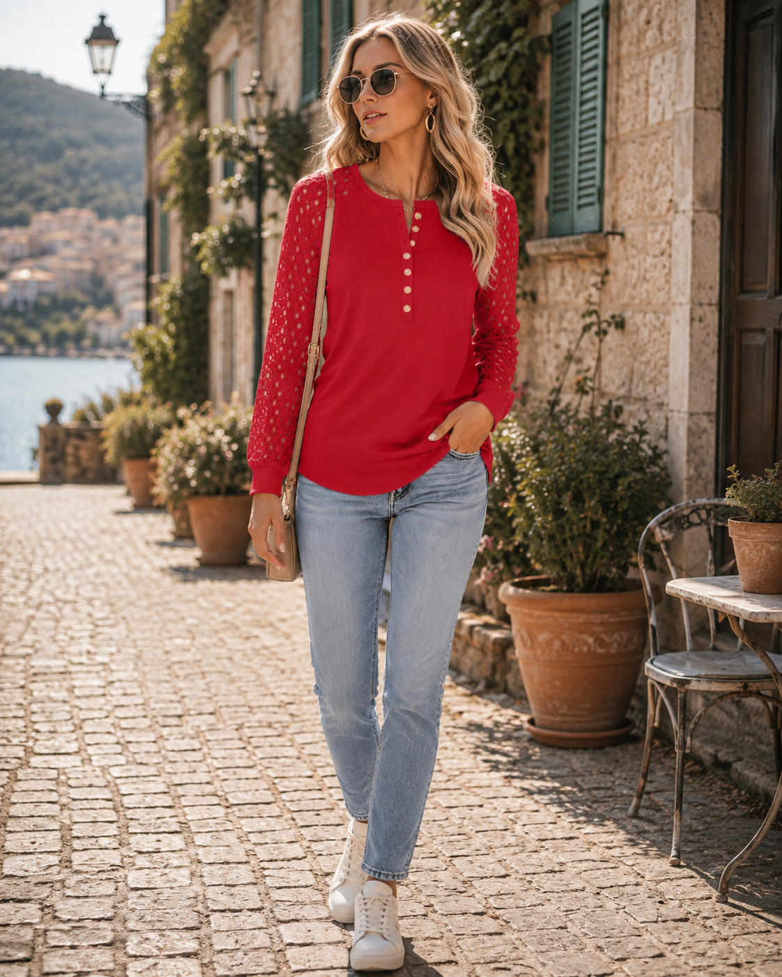 Ella Women's Lace Sleeve Henley Top – Button Front, Long Sleeves & Soft Stretch