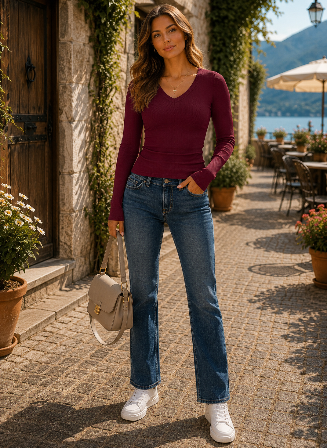 Lillian Women's Ribbed V-Neck Top – Long Sleeves, Slim Fit & Stretch Fabric