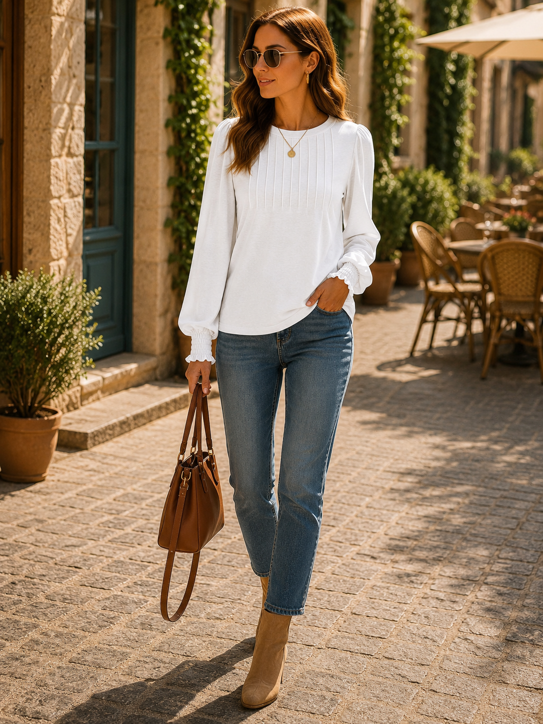 Selena Women's Pleated Top – Crew Neck, Smocked Cuffs & Relaxed Fit