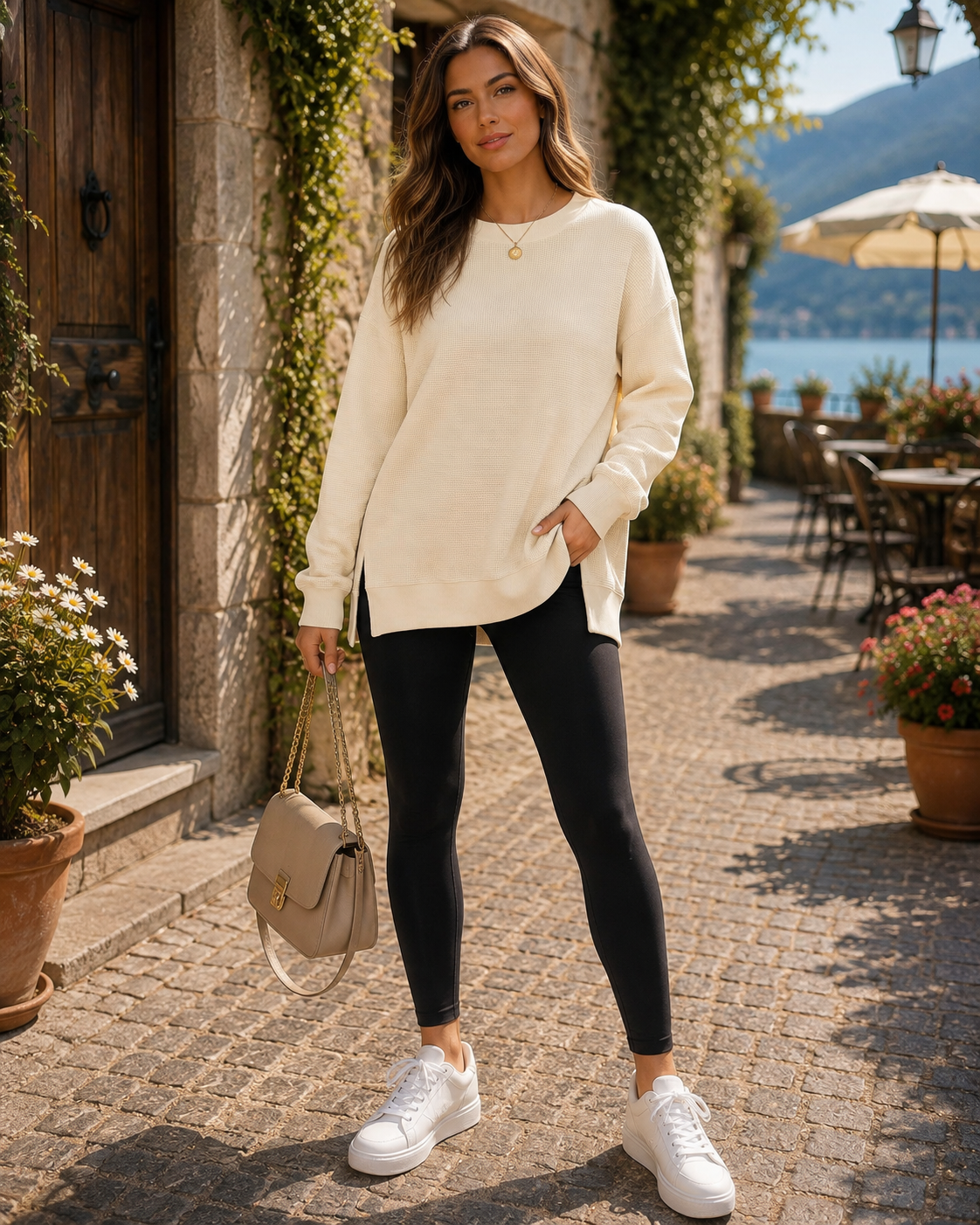 Delilah Women's Waffle Knit Sweatshirt – Crew Neck, Side Slits & Oversized Fit