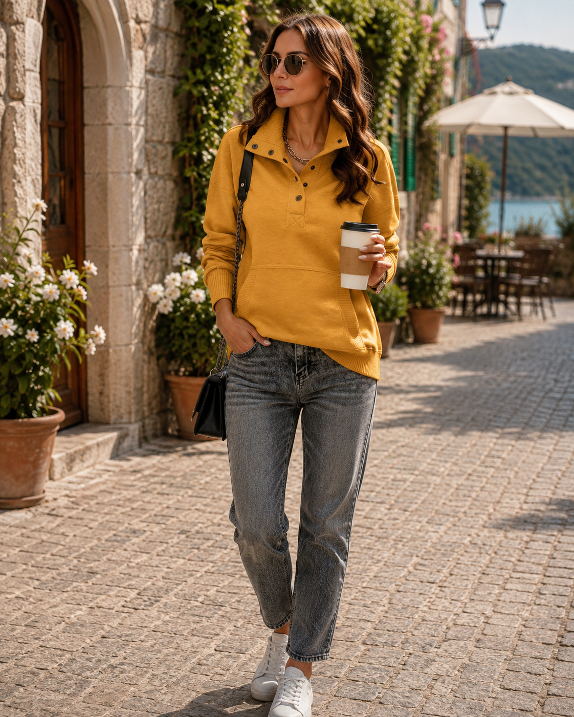 Sophie Women's Henley Sweatshirt – V-Neck, Ribbed Texture & Relaxed Fit