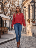 Esther Women's Lace Sleeve Top – Crew Neck, Raglan Sleeves & Pintuck Detail