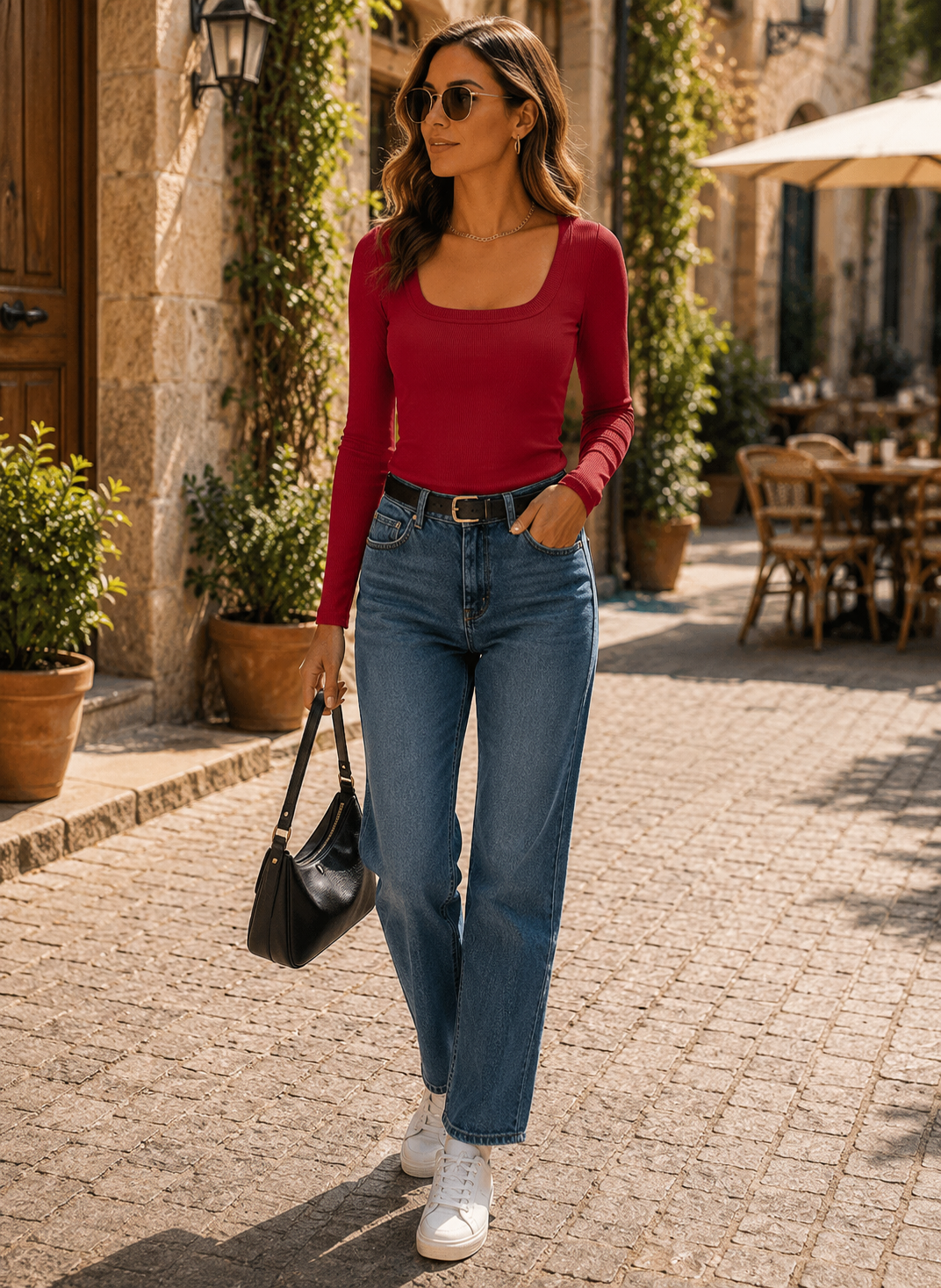 Freya Women's Ribbed Top – Square Neck, Long Sleeves & Slim Stretch Fit
