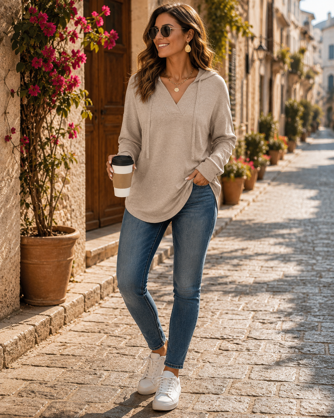 Layla Women's V-Neck Sweater – Batwing Fit, High-Low Hem & Stretch Fabric