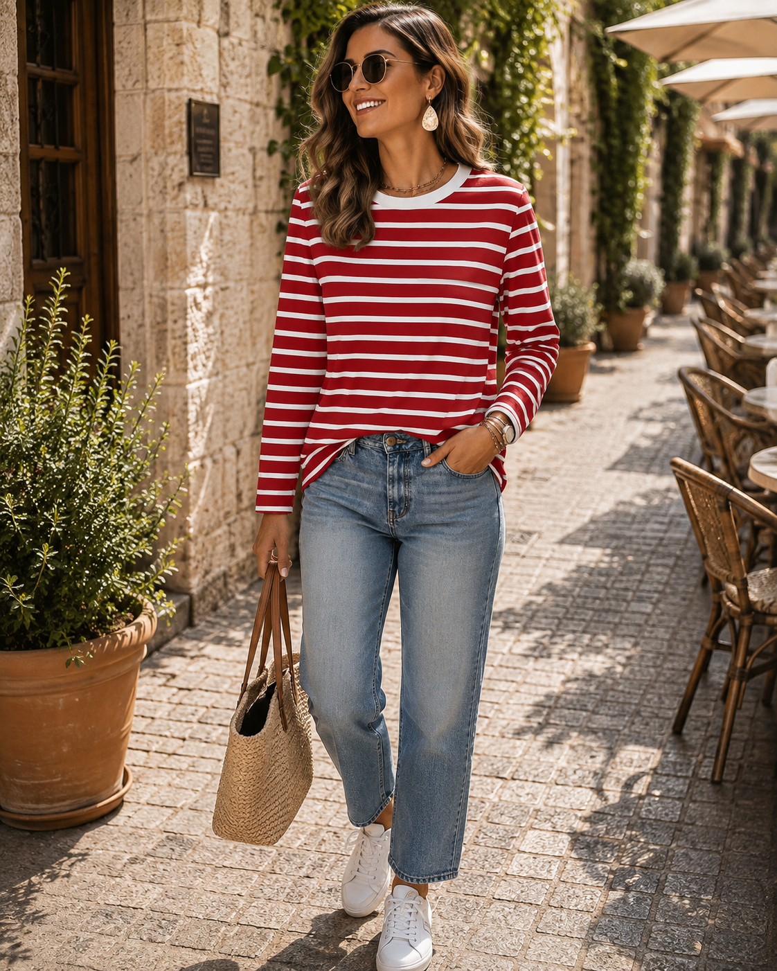 Chloe Women's Striped Long Sleeve Top – Crew Neck, Contrast Design & Soft Stretch