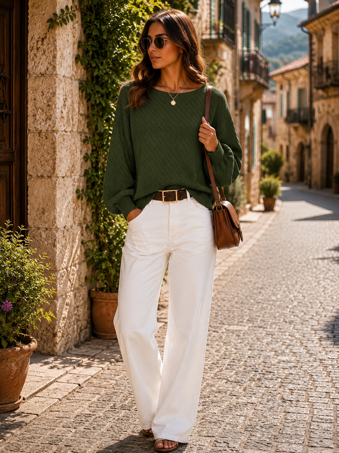 Carys Women's Pointelle Knit Sweater – Boat Neck, Balloon Sleeves & Relaxed Fit