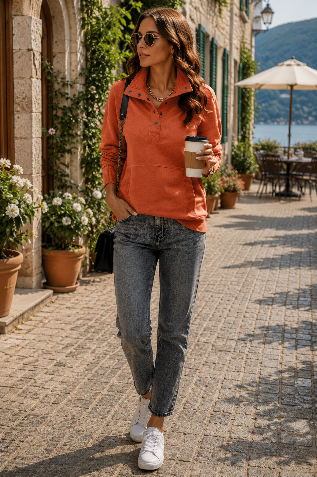 Sophie Women's Henley Sweatshirt – V-Neck, Ribbed Texture & Relaxed Fit