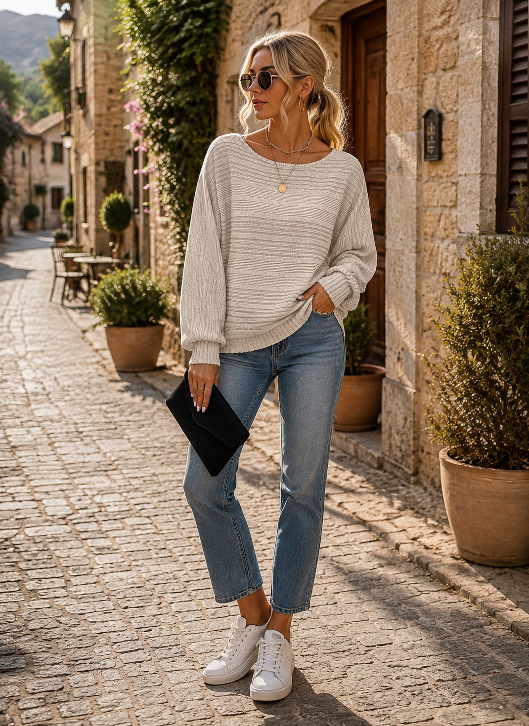 Vanessa Women's Batwing Sweater – Crew Neck, Long Sleeves & Relaxed Fit