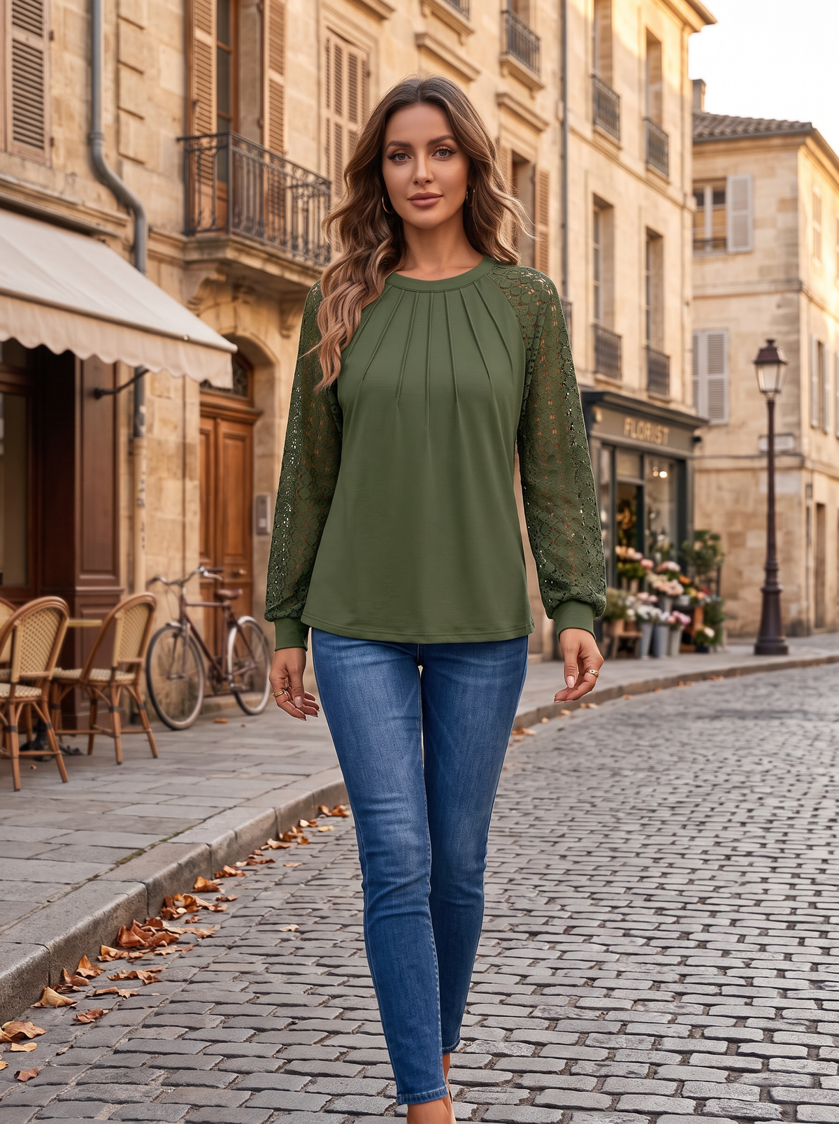 Esther Women's Lace Sleeve Top – Crew Neck, Raglan Sleeves & Pintuck Detail