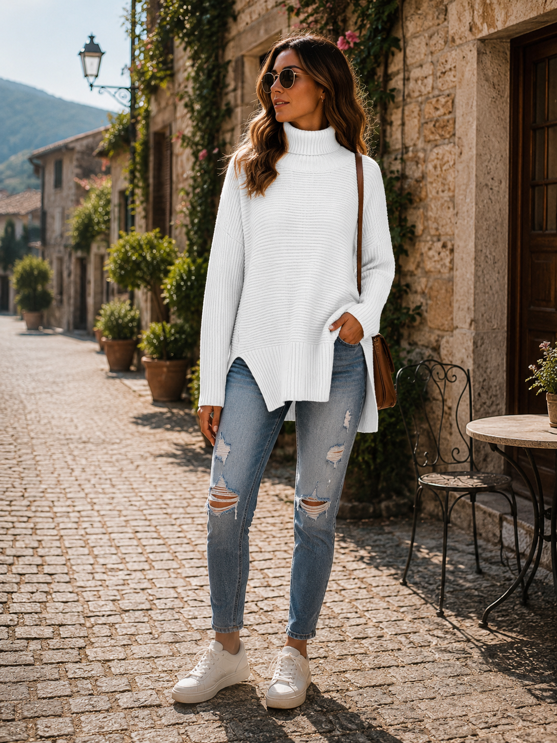 Diana Women's Turtleneck Sweater – High-Low Hem, Side Slits & Relaxed Fit