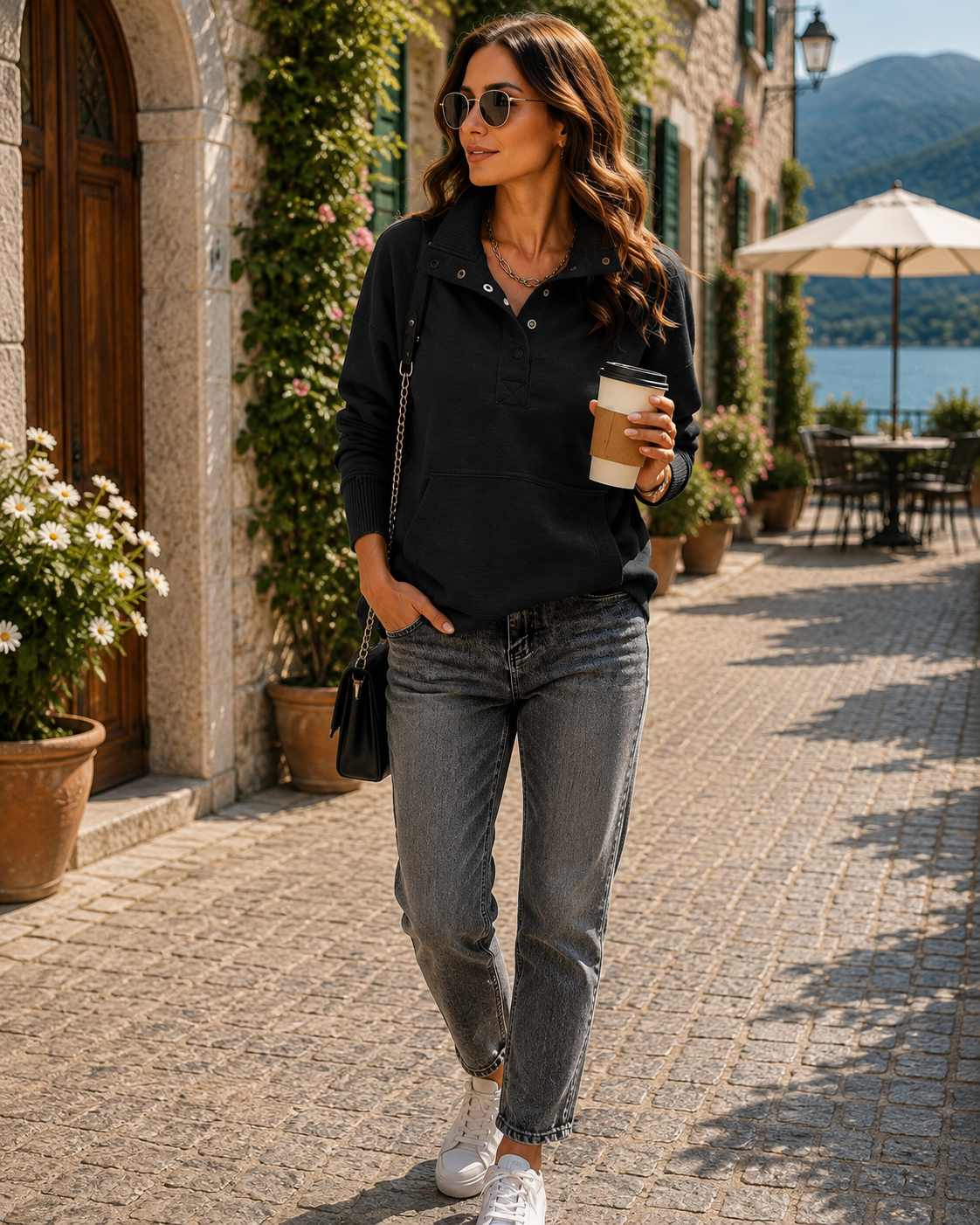 Sophie Women's Henley Sweatshirt – V-Neck, Ribbed Texture & Relaxed Fit