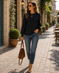 Selena Women's Pleated Top – Crew Neck, Smocked Cuffs & Relaxed Fit