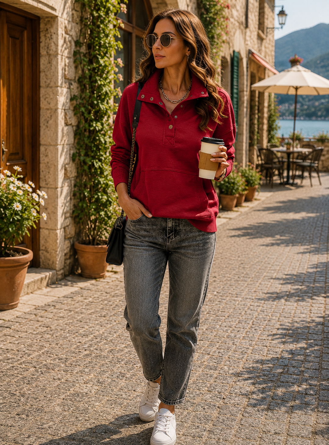 Sophie Women's Henley Sweatshirt – V-Neck, Ribbed Texture & Relaxed Fit