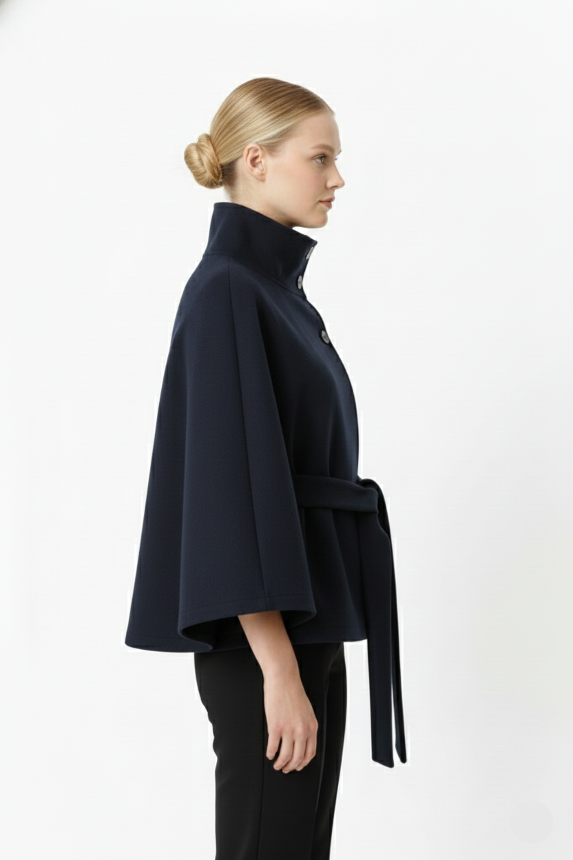 Melina Women's Wool Coat – Chic Stand Collar with Detachable Belt & Easy-Going Fit