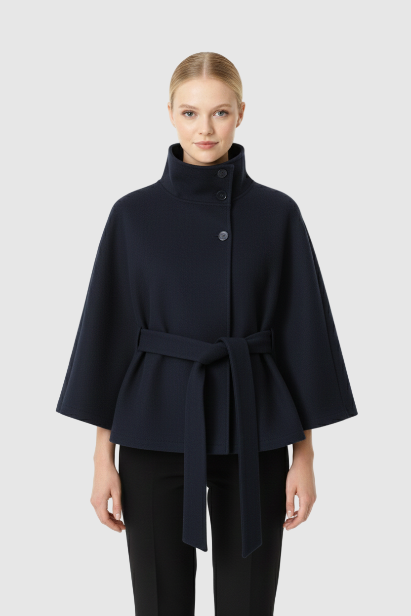 Melina Women's Wool Coat – Chic Stand Collar with Detachable Belt & Easy-Going Fit