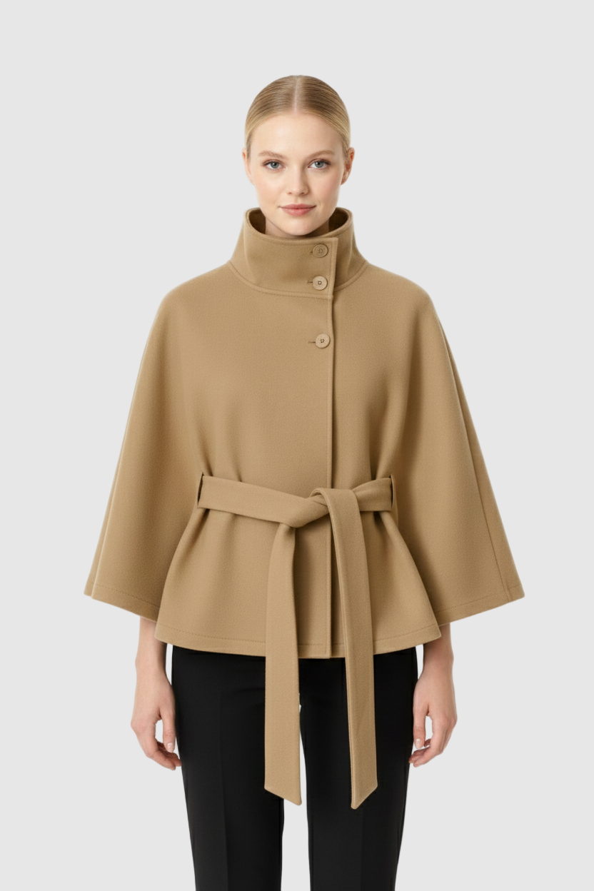 Melina Women's Wool Coat – Chic Stand Collar with Detachable Belt & Easy-Going Fit