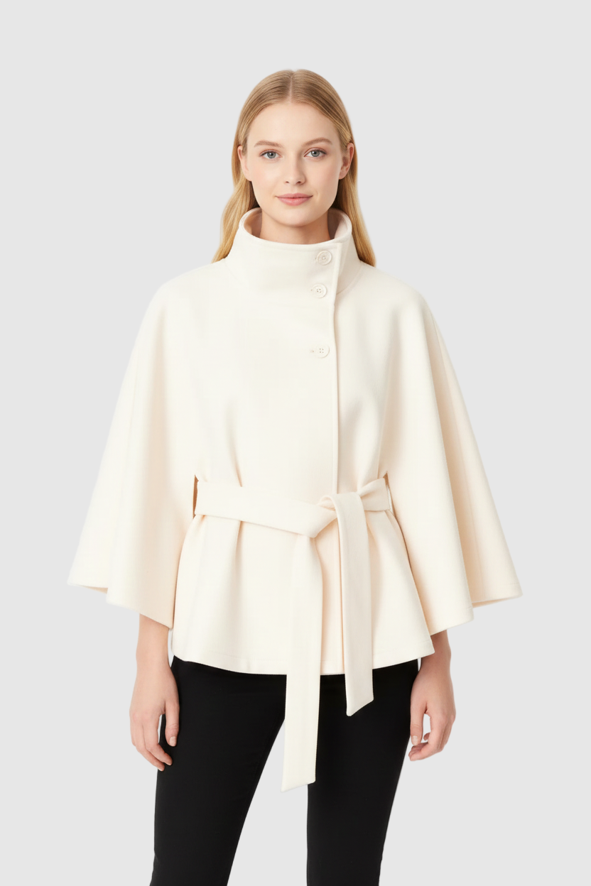 Melina Women's Wool Coat – Chic Stand Collar with Detachable Belt & Easy-Going Fit