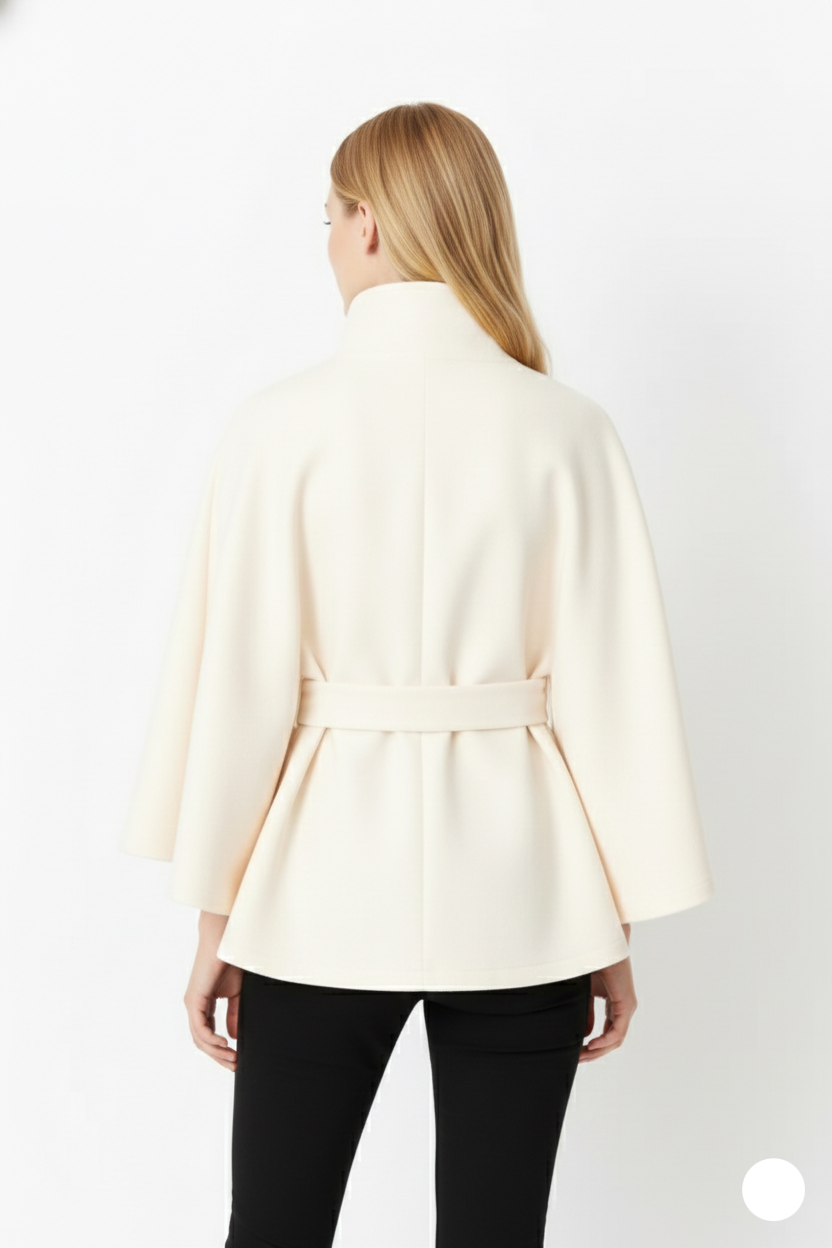 Melina Women's Wool Coat – Chic Stand Collar with Detachable Belt & Easy-Going Fit