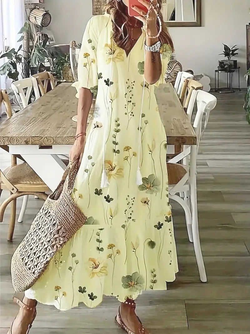 Marisol Women's Boho Dress – Elegant Ruffled Summer Dress with V-Neck & Ikat Print