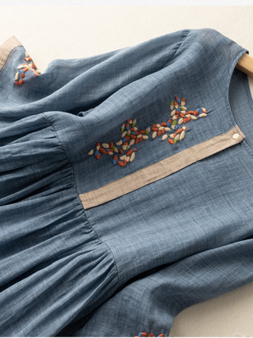 Nadia Women's Dress – Embroidered Cotton-Linen Dress with Ethnic-Inspired Design and Relaxed Fit