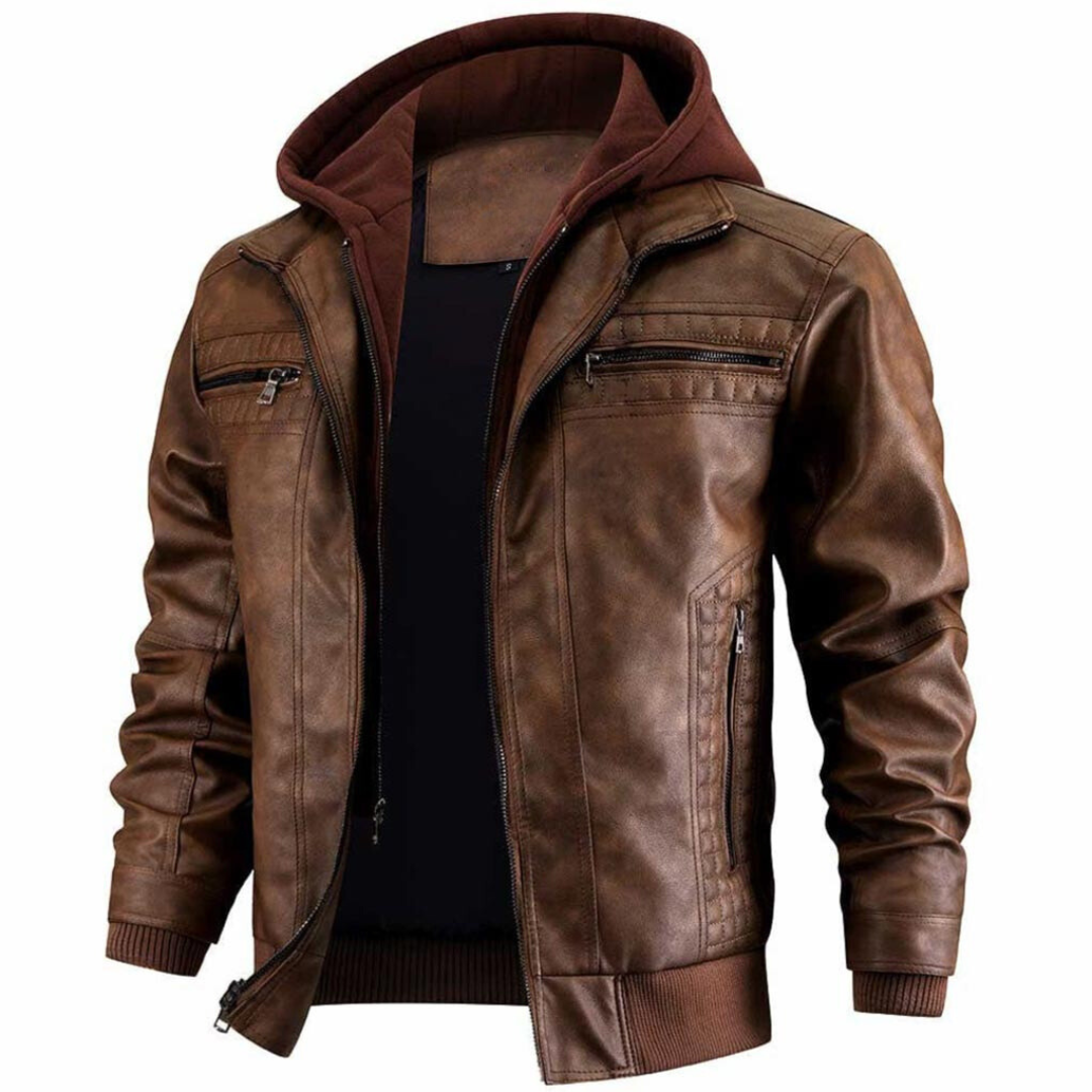 Dorian Men's Leather Jacket – Retro Biker Style with Hood & Zip Closure