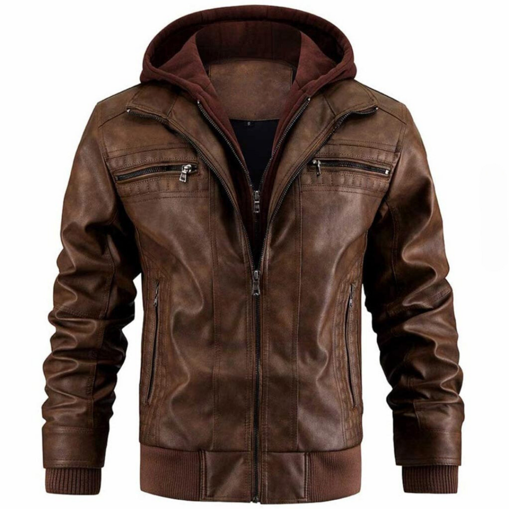 Dorian Men's Leather Jacket – Retro Biker Style with Hood & Zip Closure