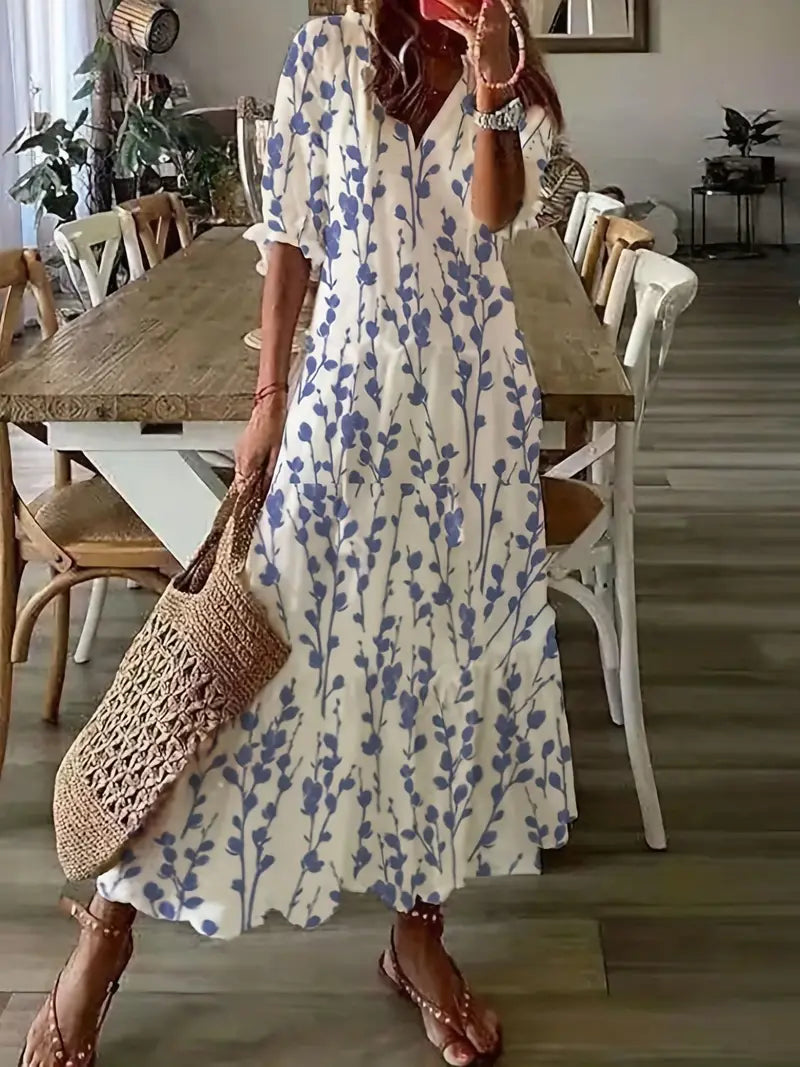 Marisol Women's Boho Dress – Elegant Ruffled Summer Dress with V-Neck & Ikat Print
