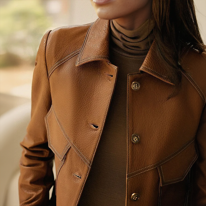 Gabriella Women's Leather Jacket – Elegant, Soft & Sophisticated with Distinctive Collar and Pockets