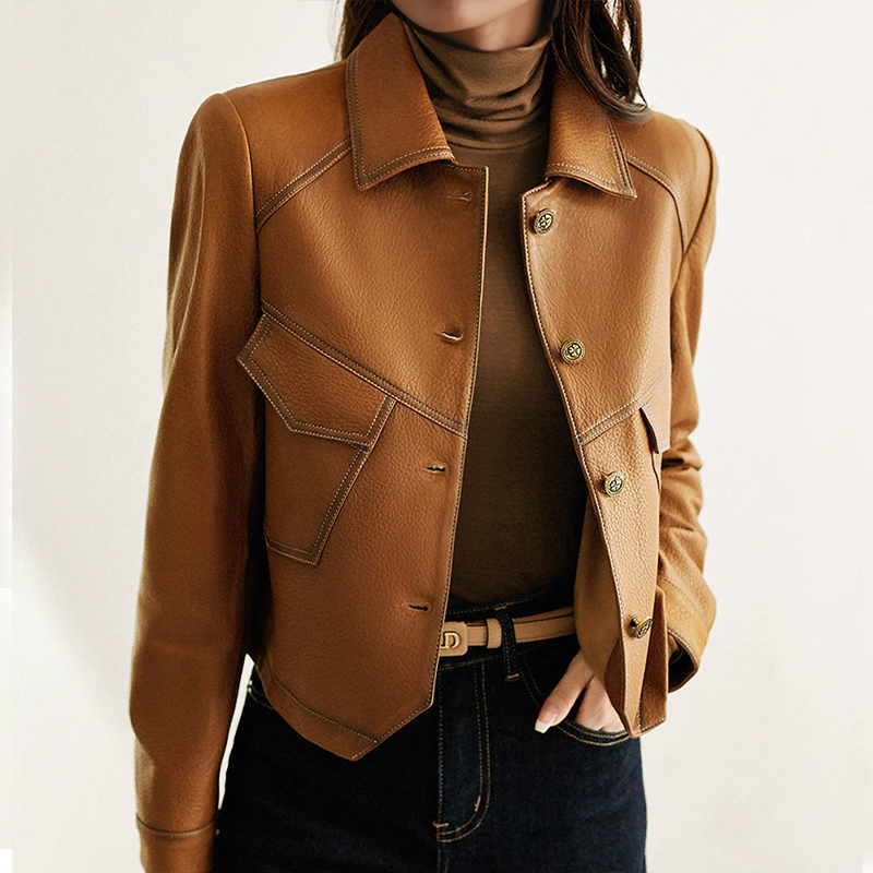 Gabriella Women's Leather Jacket – Elegant, Soft & Sophisticated with Distinctive Collar and Pockets
