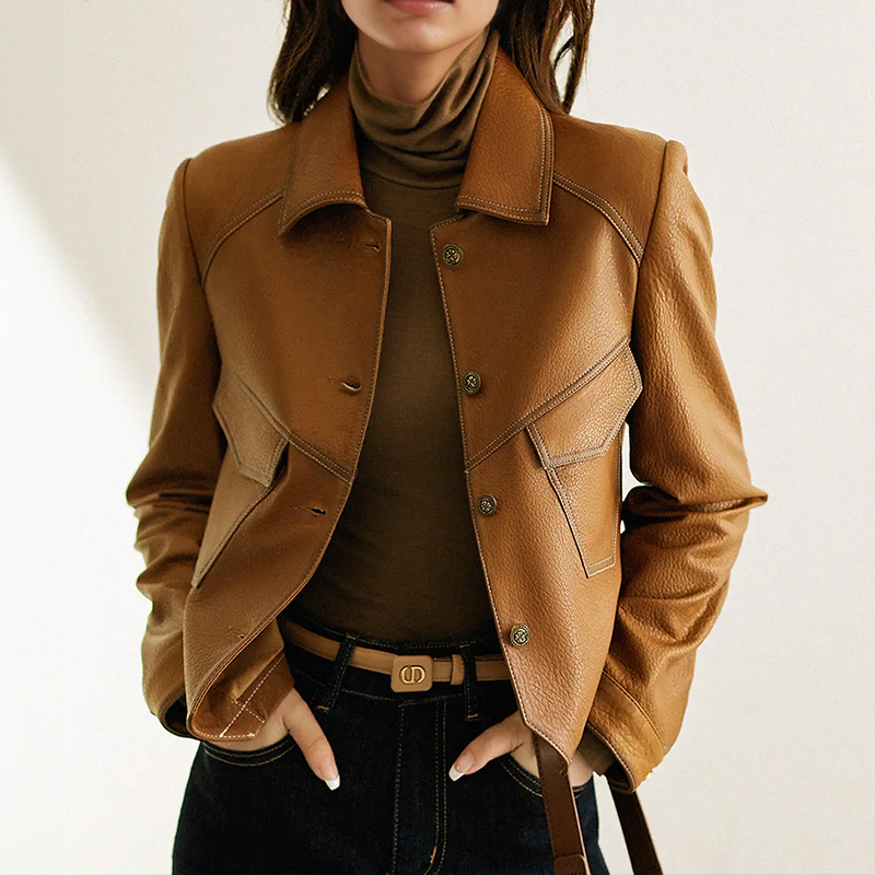 Gabriella Women's Leather Jacket – Elegant, Soft & Sophisticated with Distinctive Collar and Pockets