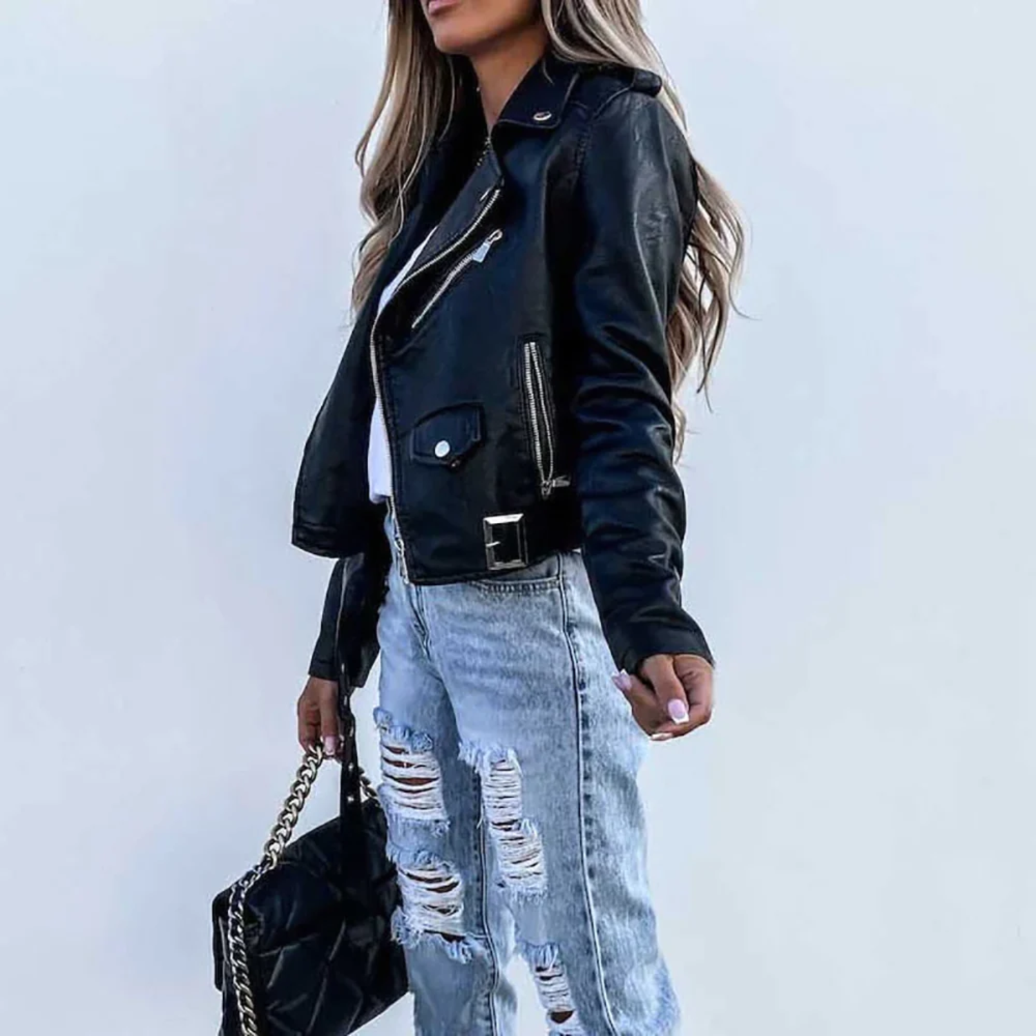 Camille Women's Leather Jacket – Luxury Leather with Stand Collar, Belt & Elegant Design