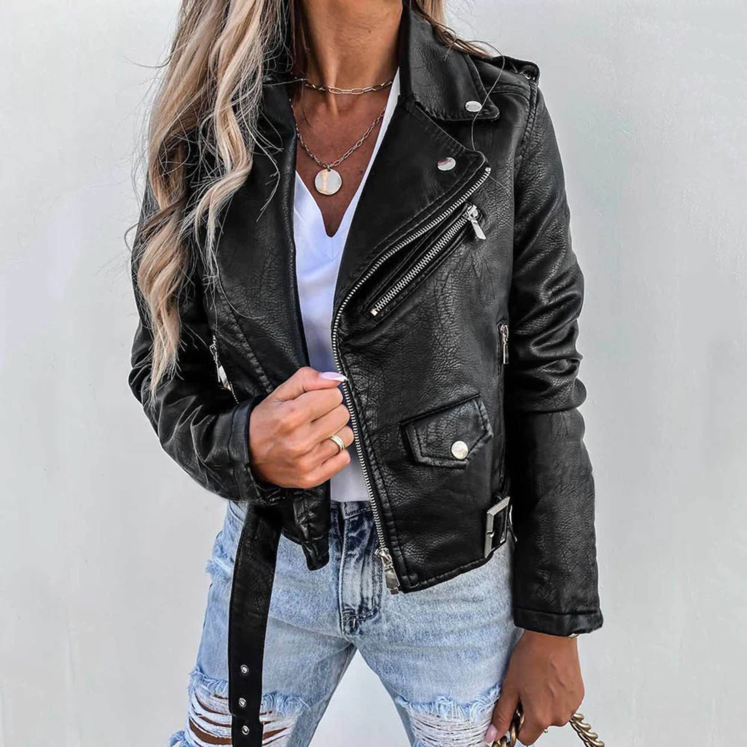 Camille Women's Leather Jacket – Luxury Leather with Stand Collar, Belt & Elegant Design