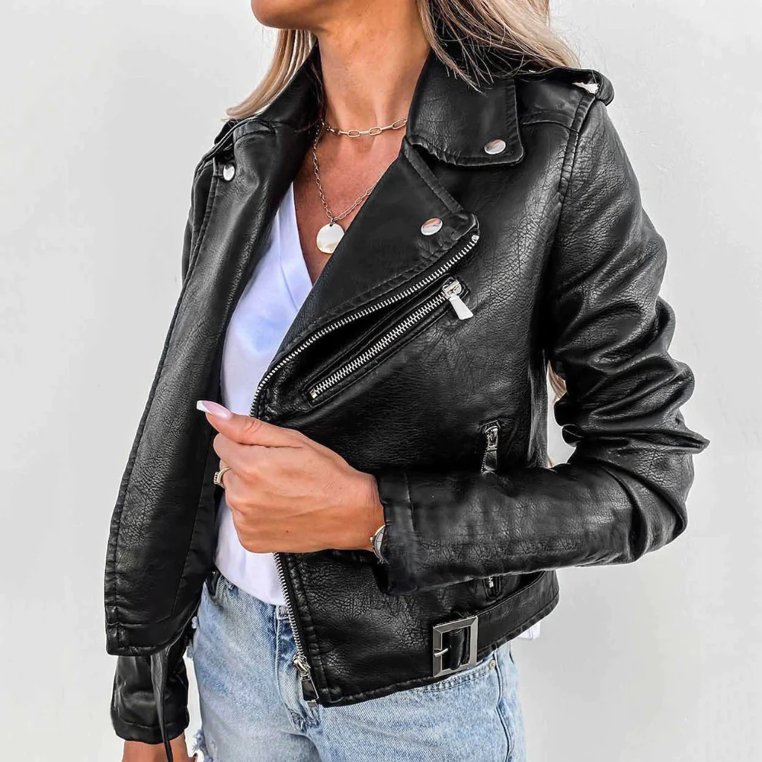 Camille Women's Leather Jacket – Luxury Leather with Stand Collar, Belt & Elegant Design
