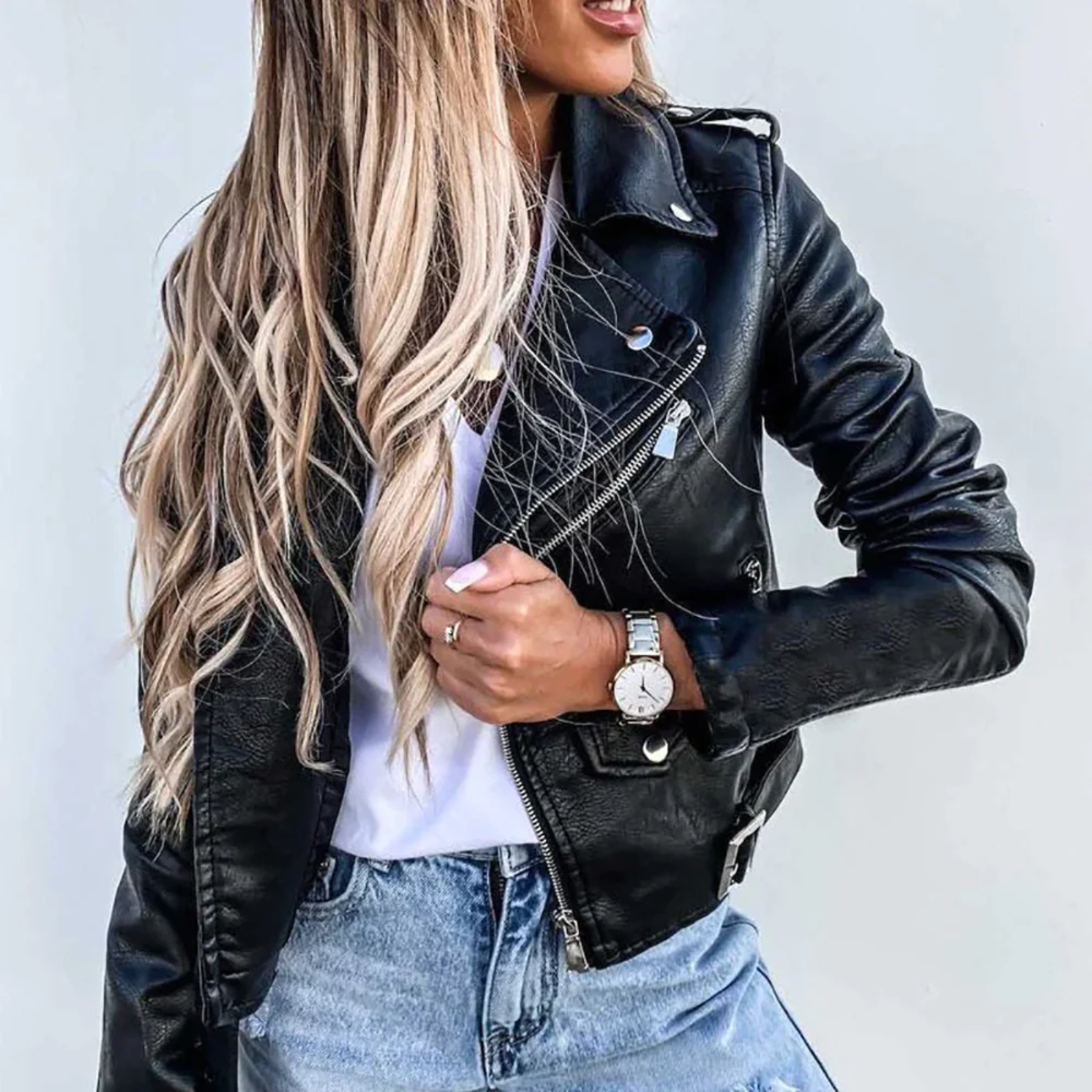 Camille Women's Leather Jacket – Luxury Leather with Stand Collar, Belt & Elegant Design