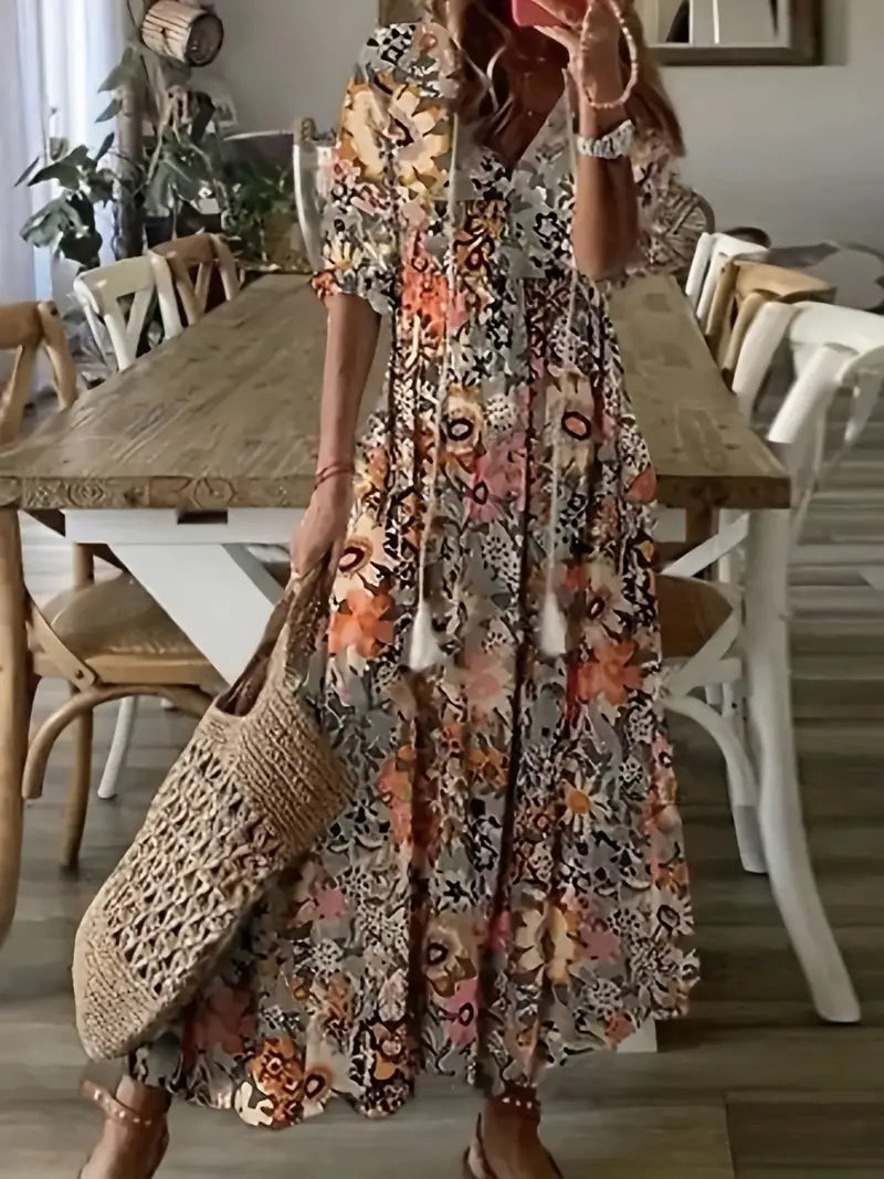 Marisol Women's Boho Dress – Elegant Ruffled Summer Dress with V-Neck & Ikat Print