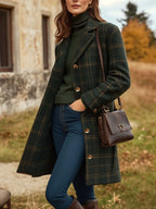 Margot Women's Wool Coat – Long Elegant Plaid Coat with Fitted Cut & Lightweight Warmth