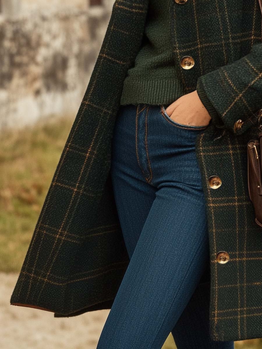Margot Women's Wool Coat – Long Elegant Plaid Coat with Fitted Cut & Lightweight Warmth