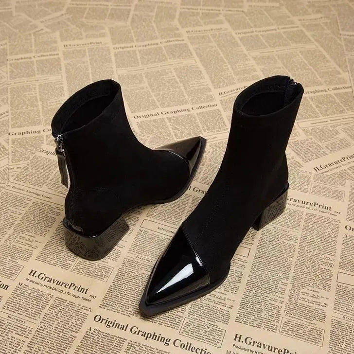 Marielle Ankle Boots for Women – Refined Suede Boots with Patent Accents & Comfy Block Heel