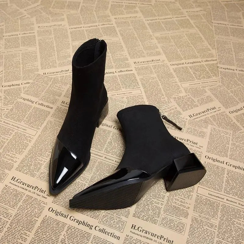 Marielle Ankle Boots for Women – Refined Suede Boots with Patent Accents & Comfy Block Heel