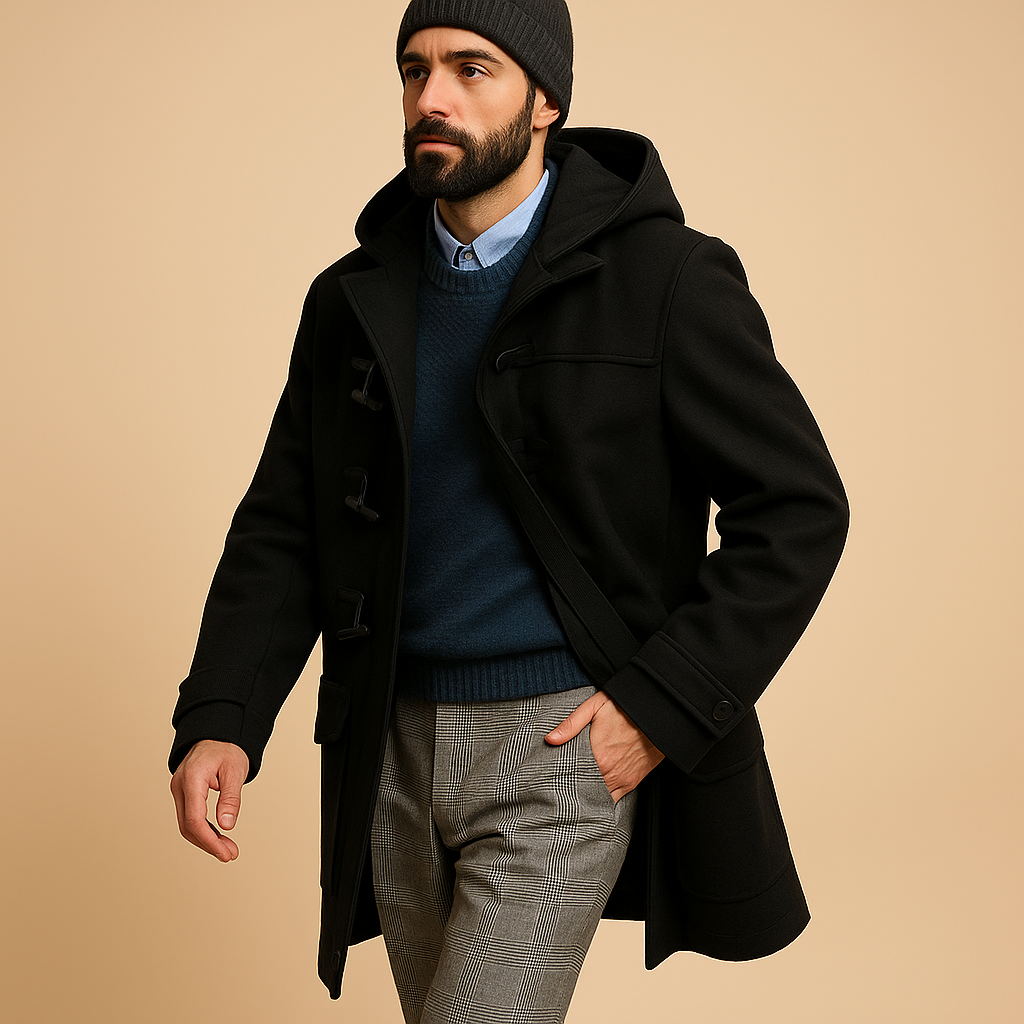 Rhys Men's Long Coat – Elegant Extended Cut with Front Closure & Side Pockets