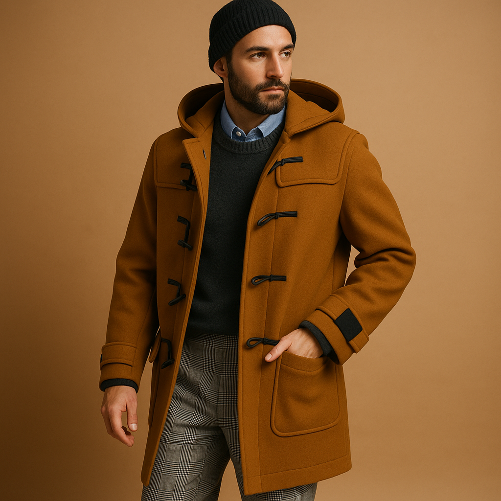 Rhys Men's Long Coat – Elegant Extended Cut with Front Closure & Side Pockets