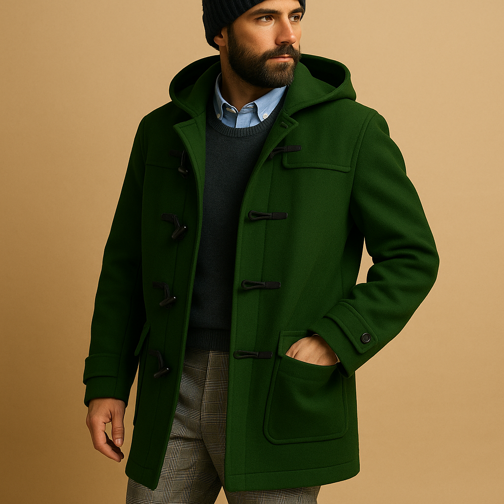 Rhys Men's Long Coat – Elegant Extended Cut with Front Closure & Side Pockets